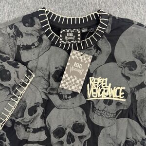 Rebel Vengeance Skull T Shirt Men Large Black Gray All Over Print Streetwear NEW